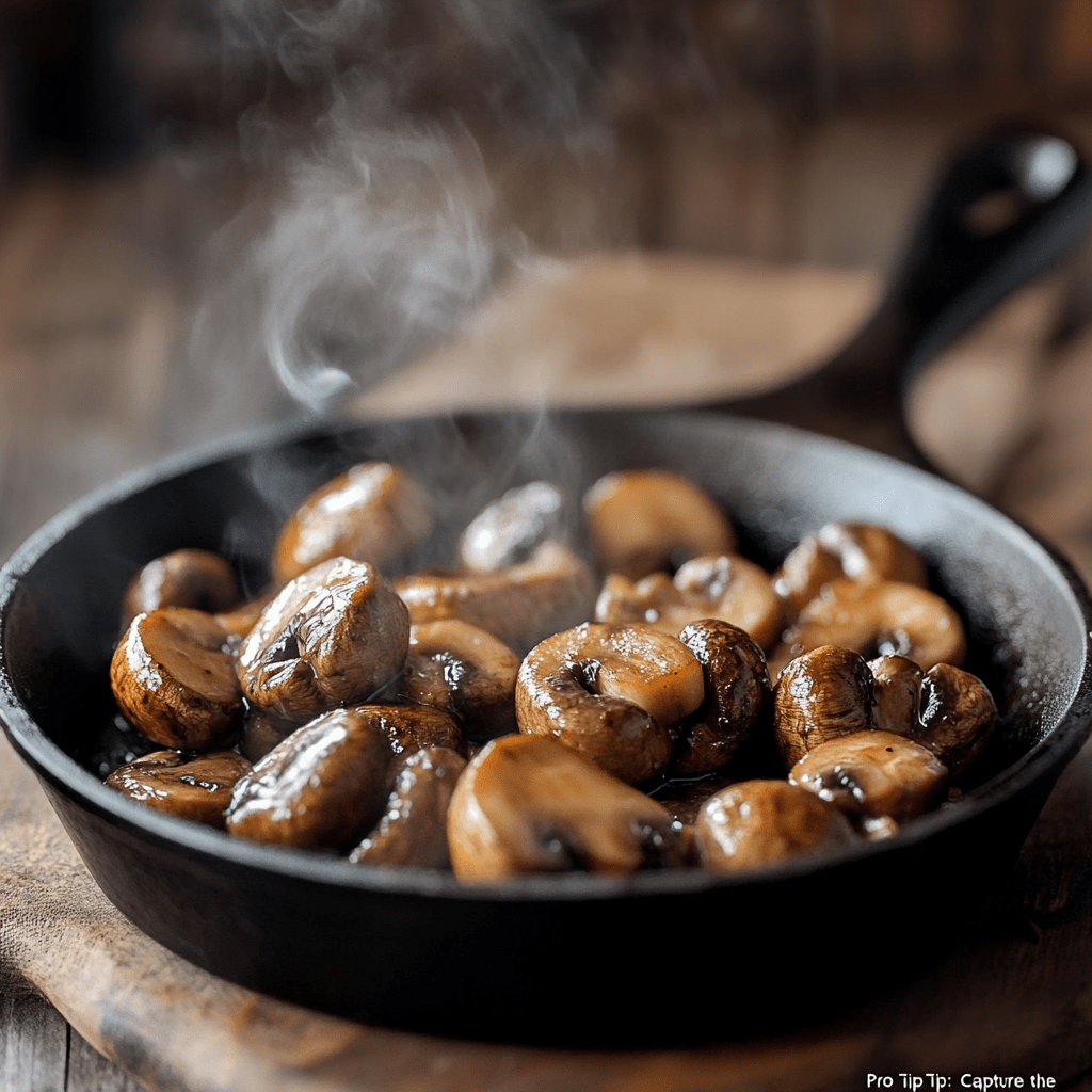 Sizzling mushrooms in cast iron skillet with tamari glaze for smoky vegan burger patties