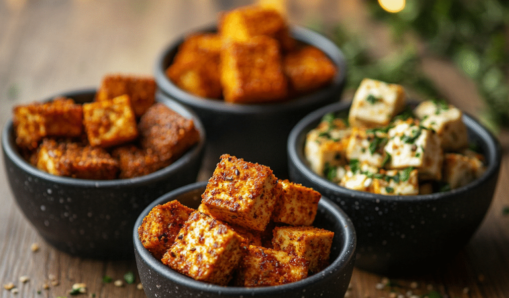 Three bowls of air fryer tofu with different seasonings: BBQ, Cajun, and Italian herb