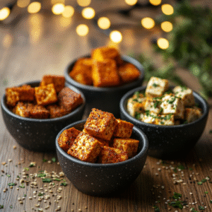 Three bowls of air fryer tofu with different seasonings: BBQ, Cajun, and Italian herb