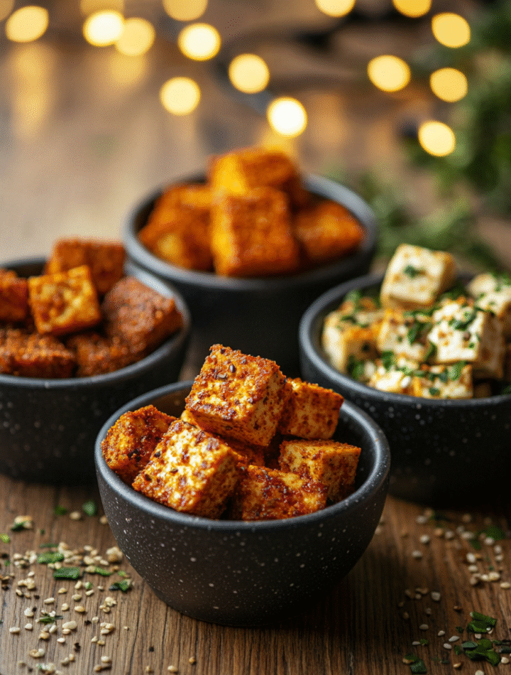 Three bowls of air fryer tofu with different seasonings: BBQ, Cajun, and Italian herb