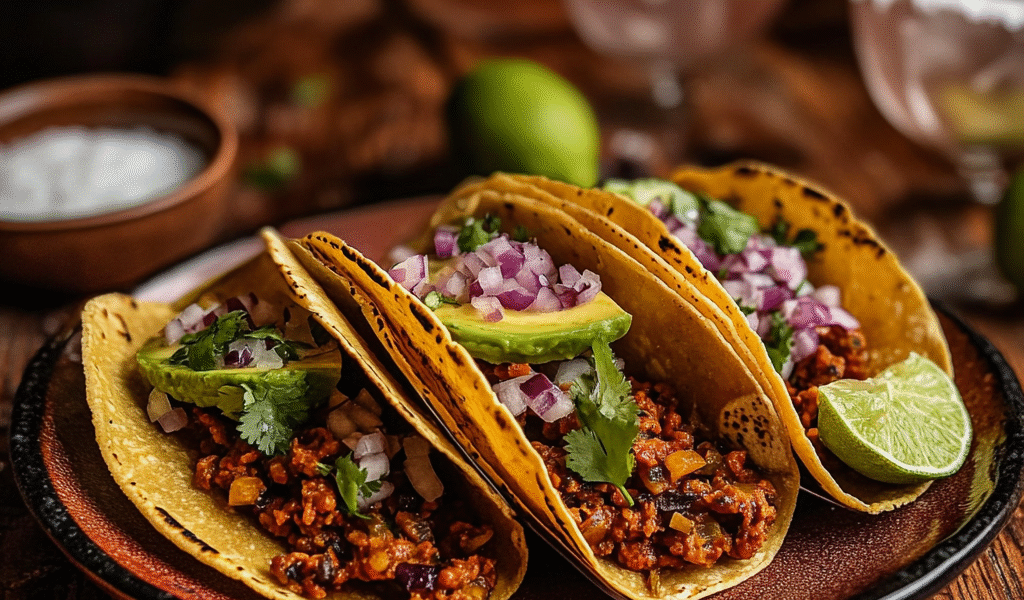 Crispy taco shell being filled with seasoned beef, lettuce, cheese, and tomatoes