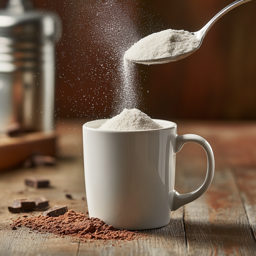 Close-up of flour, sugar, and cocoa powder being measured into a white mug on a wooden table for easy chocolate mug cake recipe