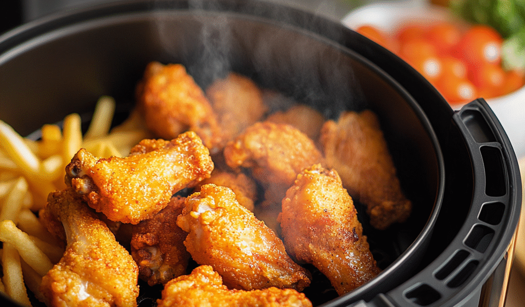 Stainless steel air fryer cooking crispy chicken wings and golden french fries with steam rising
