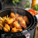 Stainless steel air fryer cooking crispy chicken wings and golden french fries with steam rising