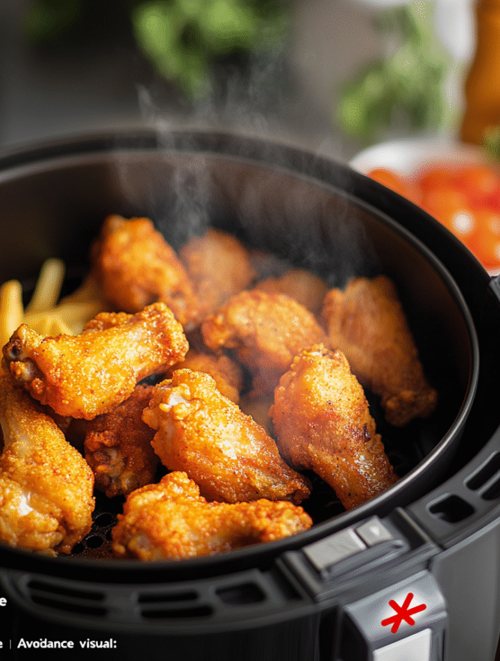Stainless steel air fryer cooking crispy chicken wings and golden french fries with steam rising