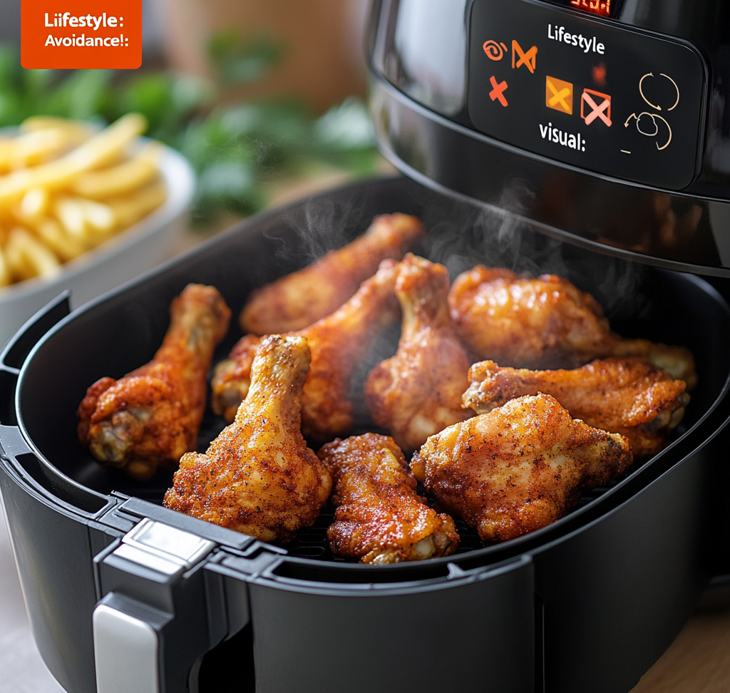 Stainless steel air fryer cooking crispy chicken wings and golden french fries with steam rising