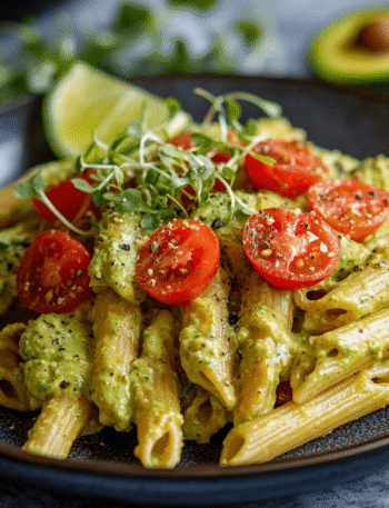 Restaurant-style plated chickpea pasta with Parmesan, basil, and olive oil drizzle