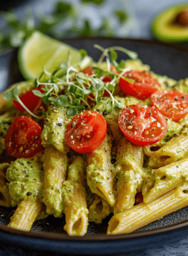 Restaurant-style plated chickpea pasta with Parmesan, basil, and olive oil drizzle