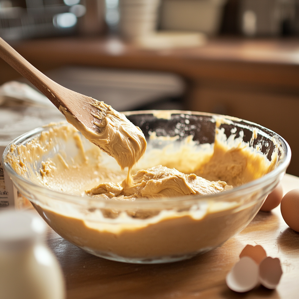 Close-up of vanilla cake mix, peanut butter, and melted butter being combined in a mixing bowl for peanut butter jelly poke cake