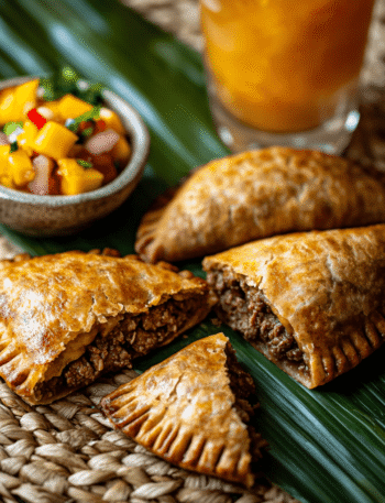 Three golden-brown Jamaican beef patties on banana leaf with sliced cross-section showing juicy filling, mango salsa drizzle and fresh cilantro garnish