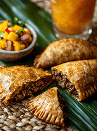 Three golden-brown Jamaican beef patties on banana leaf with sliced cross-section showing juicy filling, mango salsa drizzle and fresh cilantro garnish